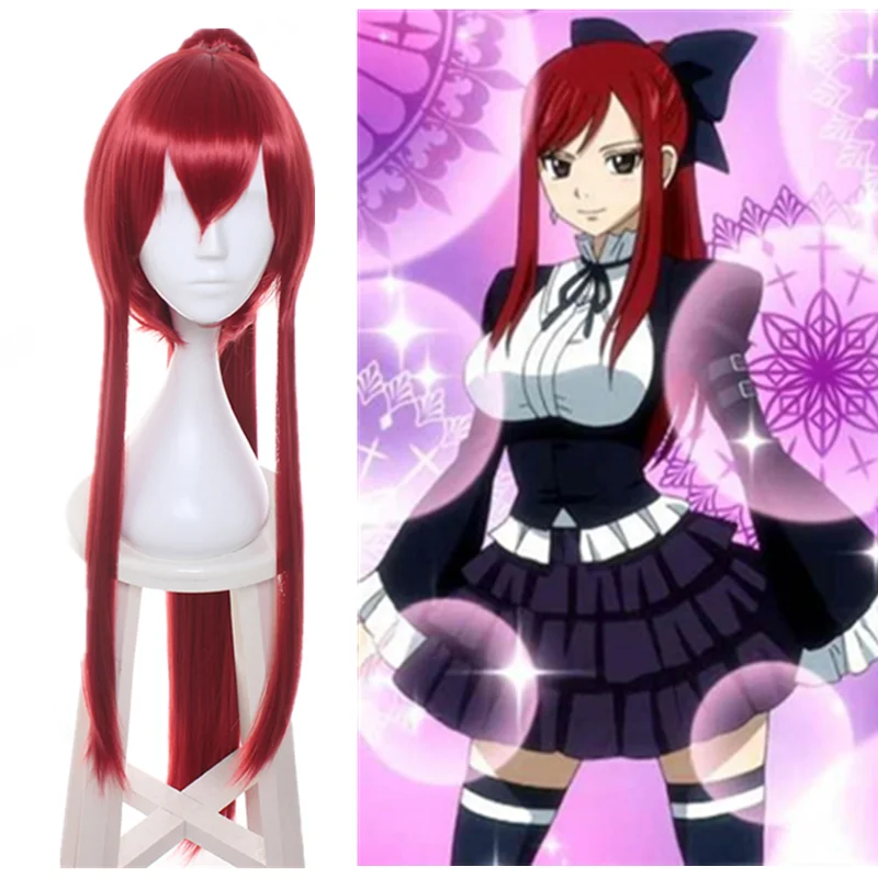 Парик для косплея аниме Fairy Tail Erza Scarlet 70 см длинный винно-красный термостойкий