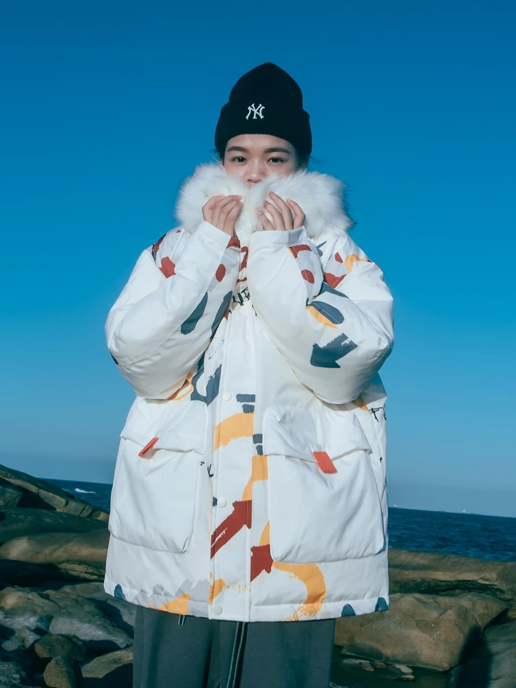 

Down Jacket Women's New Winter National Fashion Graffiti Couple Coat Loose White Duck down Mid-Length Thickened