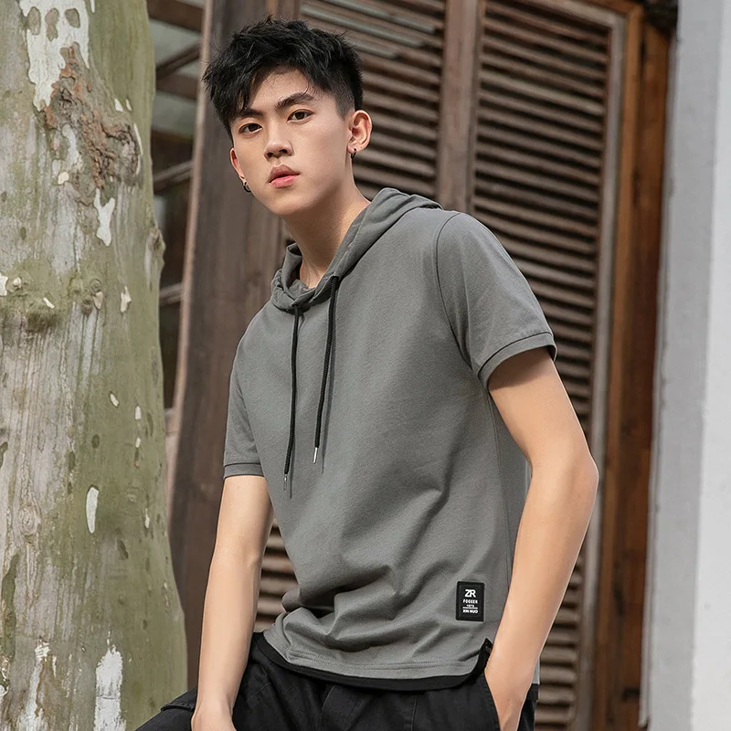 

Футболка XL90 мужская с коротким рукавом, Повседневная Свободная Однотонная рубашка с капюшоном, двойка-обманка из чистого хлопка, на лето