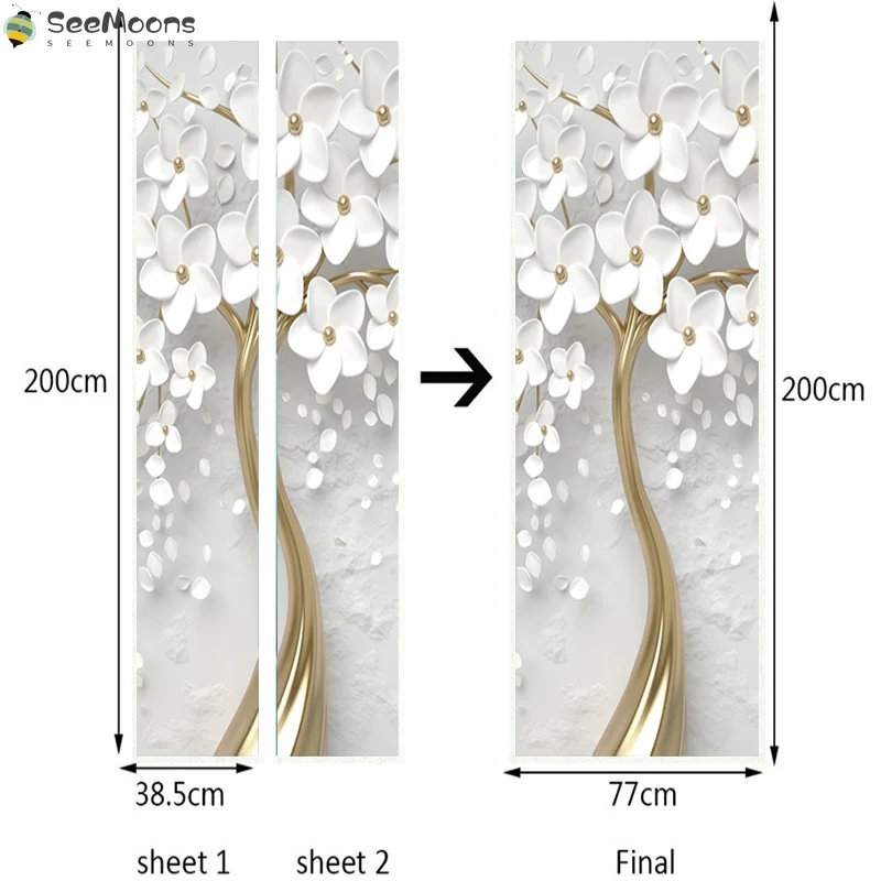 

Self-Adhesive Door Sticker 3D Stereo White Flowers Mural Wallpaper Living Room Bedroom Home Decor Door Poster Waterproof Sticker