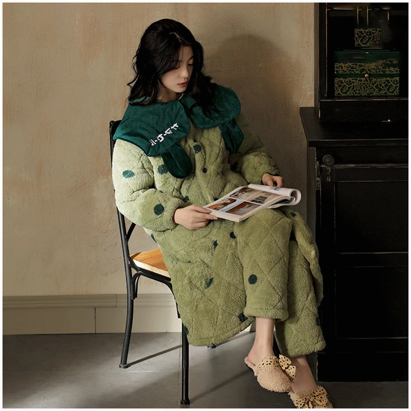 New Thicken Winter Pyjamas Women Three Layers of Cotton Coral Fleece Pajamas Loungewear Loose Pigiama Donna Clothes Women DI50SY