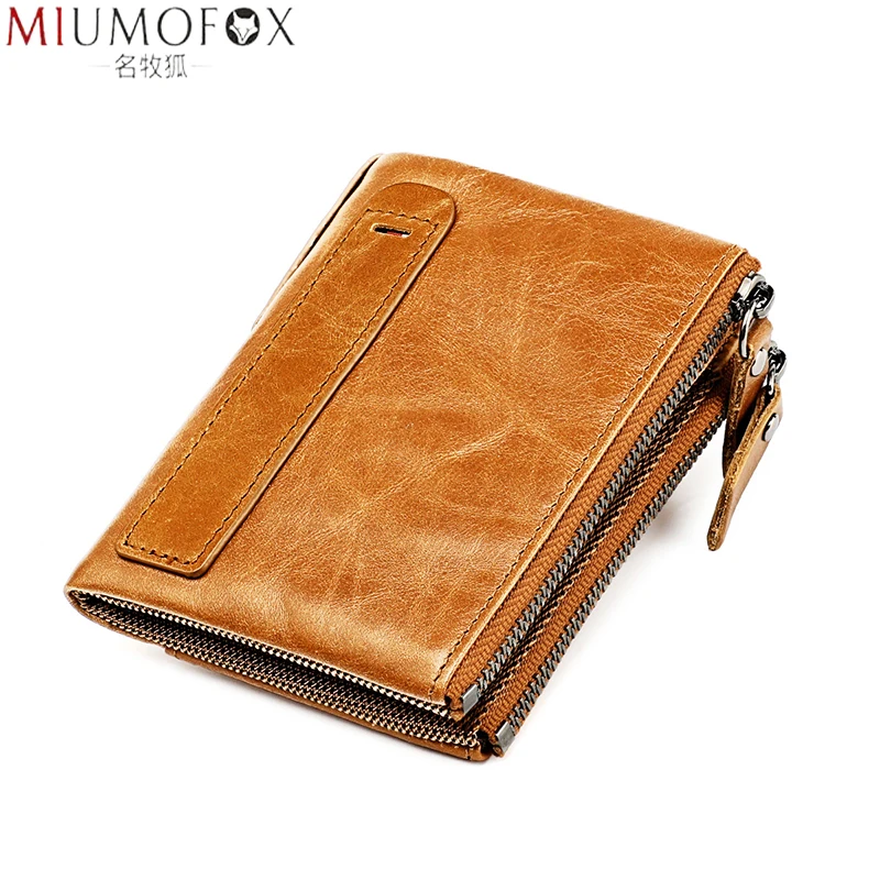 

Vintage Men's Short Wallet Genuine Leather Double Zip Men Purse Coin Purse Small RFID blocking Card Holder Portomonee Male Walet