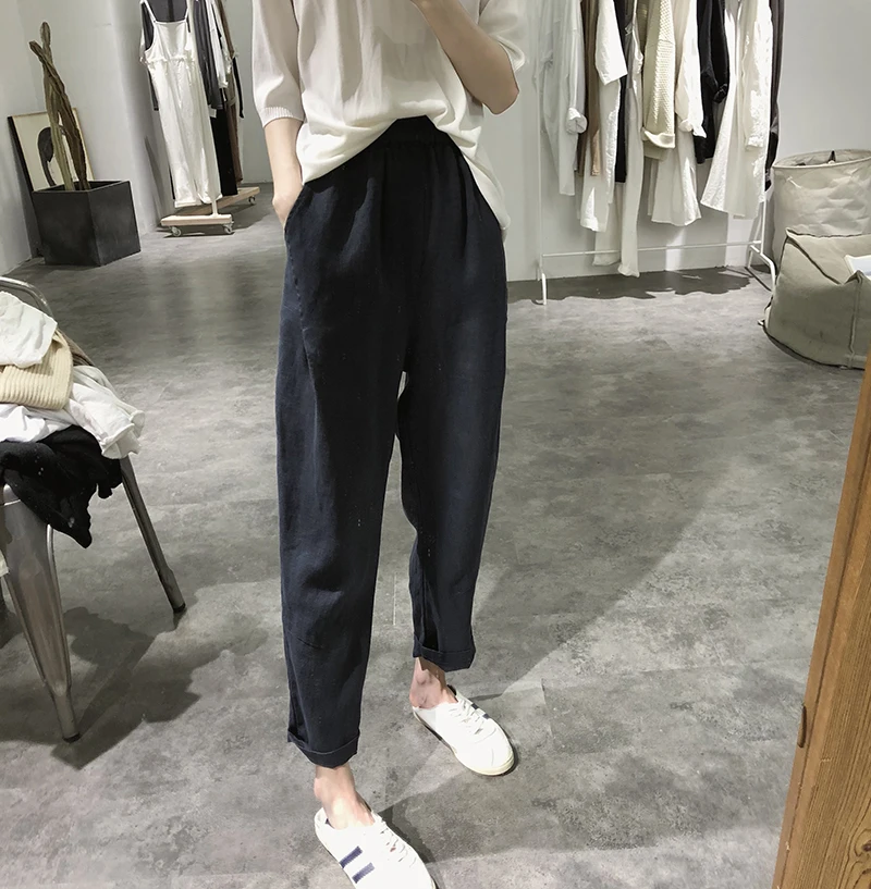 

Casual Style Cotton Linen Pants Women 2021 Summer New Elastic Waist Solid Basic Retro Loose Women's Harem Pants Trousers