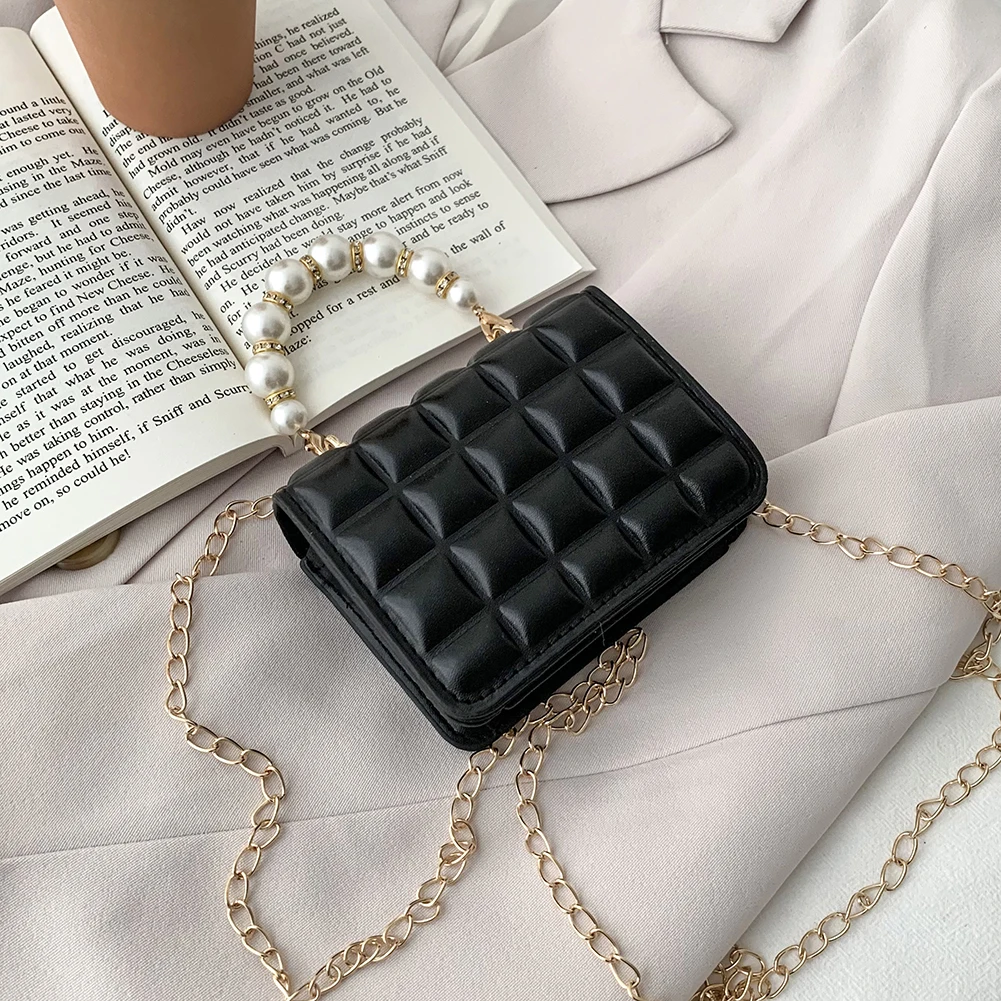 

Vintage Grid PU Leather Small Shoulder Messenger Bag For Women Casual Pure Color Ladies Pearl Chain Mini Flap Crossbody Handbags