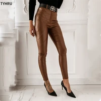 tyhru womens skinny leather pants solid casual trousers high waist tight pants autumn wild sexy office lady elastic trousers
