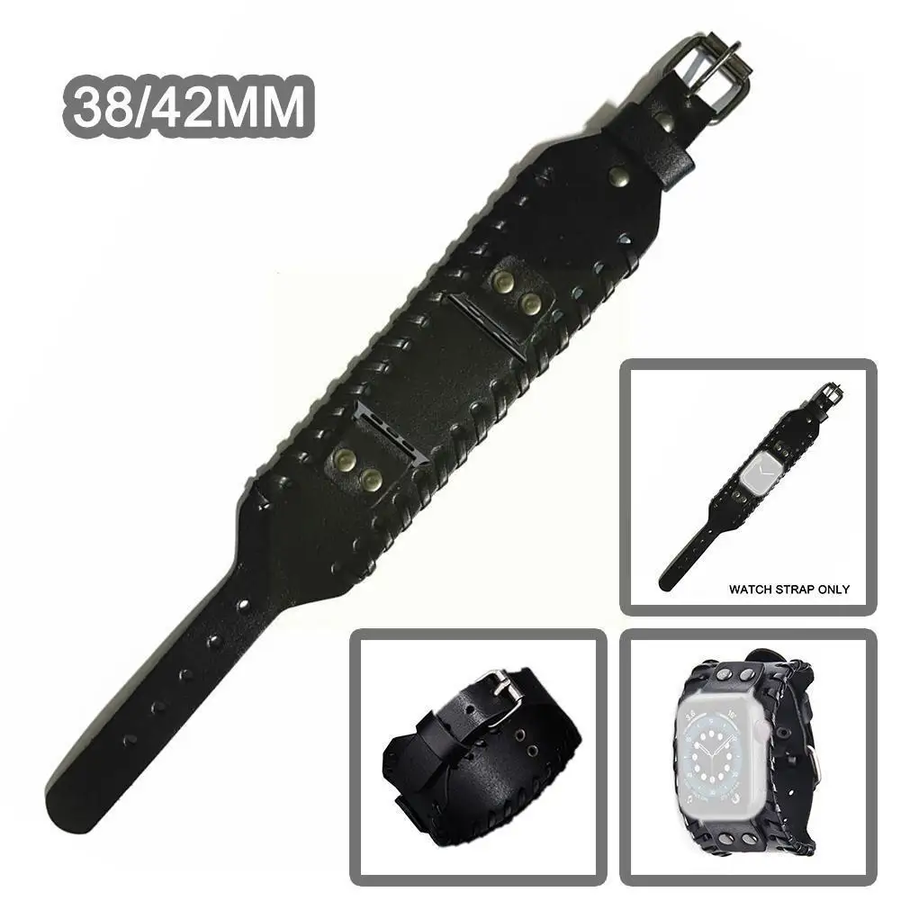 

Balck Classic Punk Cuff Bracelet Belt For Band 38mm 42mm Leather For Strap Series 2 3 4 5 6 Se Watchband S2c4