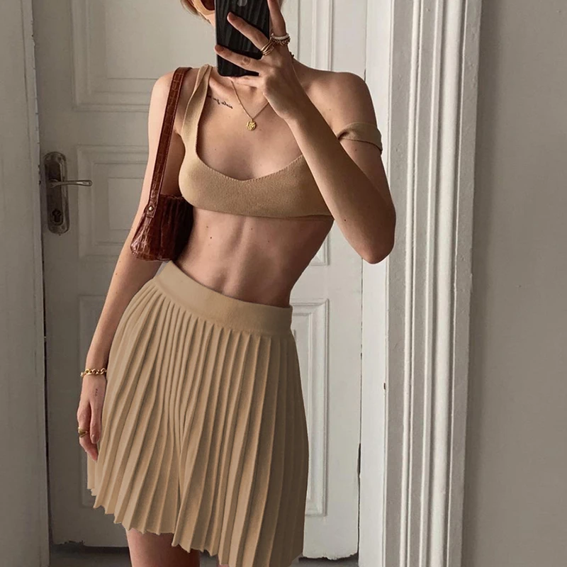 

Women's Knitted Suit Knitwear Summer Clothing Sets Casual Solid Color Crop Top And Skirt Two Piece Set Women Mini Skirt Suits