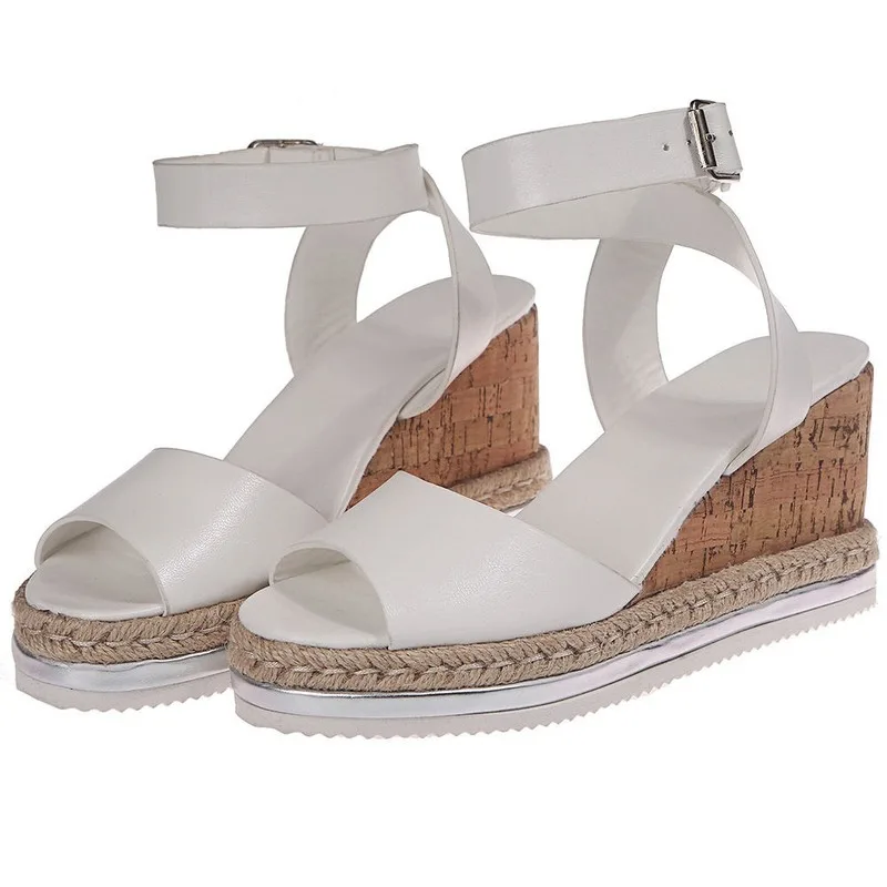 Женские босоножки из искусственной кожи винтажные на танкетке с открытым носком