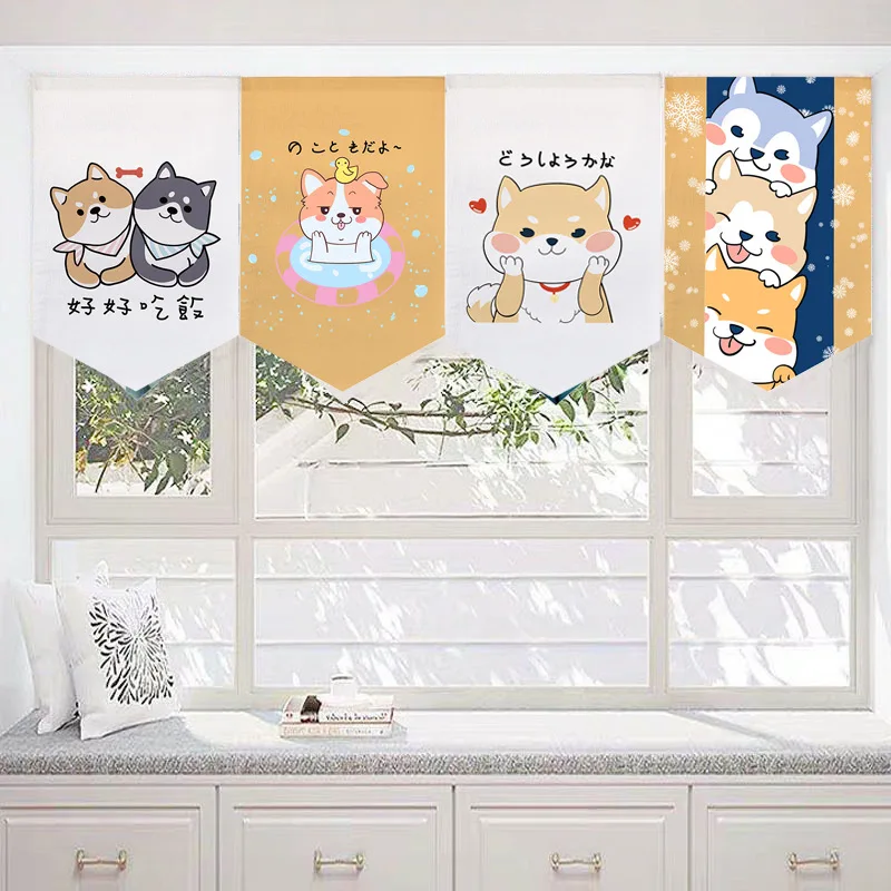 

Japanese Short Door Curtain Cartoon Dog Linen Fabric Kitchen Restaurant Shop Partition Triangle Flag Curtains Decoration
