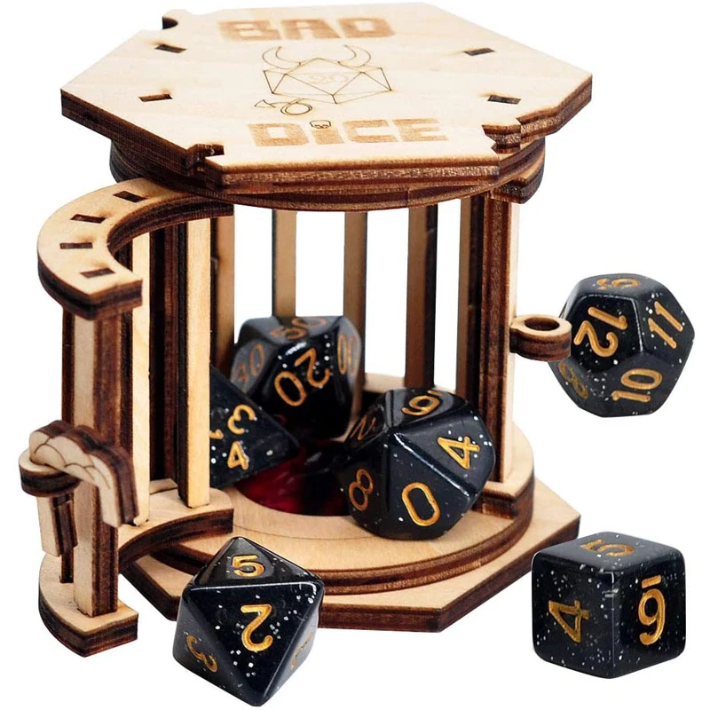 DND Dice CAIL Prison con juego de dados poli&eacute;dricos, jaula de madera para tus dados malos-0