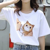 surprise price kiss a cat print daily casual t shirts fot girls korean women summer short sleeve o neck new style white tees