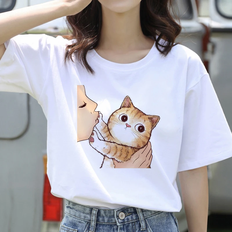Фото Повседневные футболки с принтом Kiss a Cat для девочек корейские стильные белые