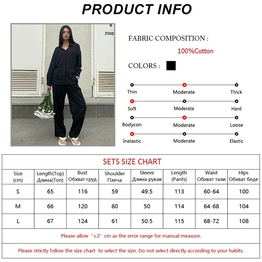 

Bclout Black Long Sleeve Shirts Straight Pants Female Suits Cotton Turn Down Collar Blouse Elastic Waist Trousers 2 Sets Summer
