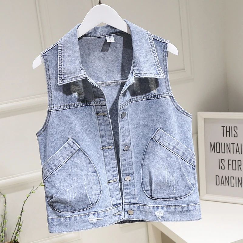 

Women's Spring Autumn Sleeveless Letter Embroidery Blue Denim Vest Female Winter Plus Size Short Waistcoat TB439