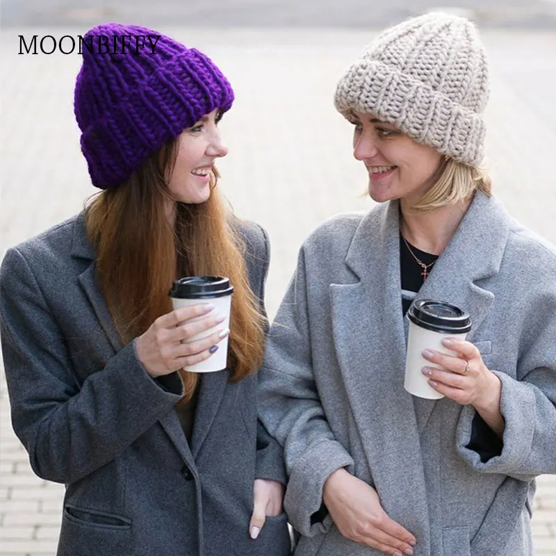 

Women Winter Knitted Beanies Hat Thick Soft Warm Coarse Large Knitted Solid Hat Female Ice Ski Bonnet Skullies Beanies Hat Cap