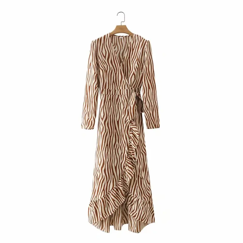 

Женское длинное платье с запахом, винтажное осеннее платье с длинным рукавом, v-образным вырезом и поясом, пикантное платье с запахом и оборк...