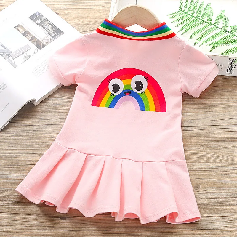 Summer Princess Dress Girl Cute Cartoon Rainbow Stripe Polo-neck Childrens Pleated Cheerleader Sports Casual Dresses | Детская одежда и