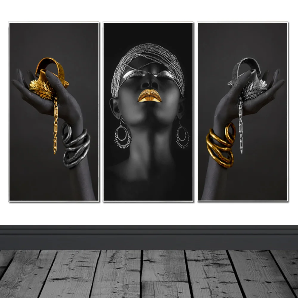 

African Art Black Woman With Golden Jewellery Wall Painting Posters And Prints Wall Art Canvas Picture For Room Decoration