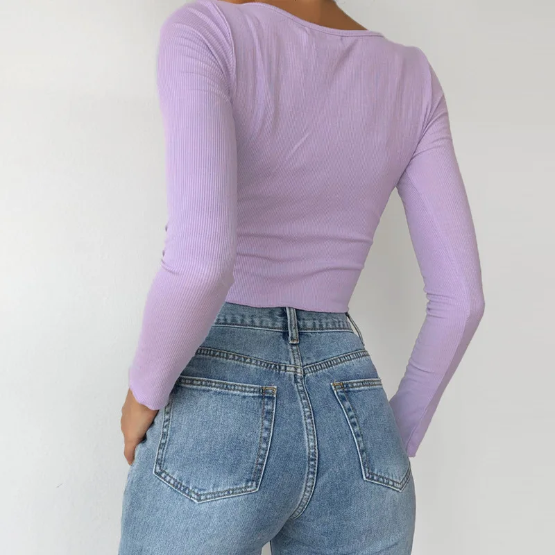 Весенне-осенние модные сексуальные топы однотонные черные/фиолетовые