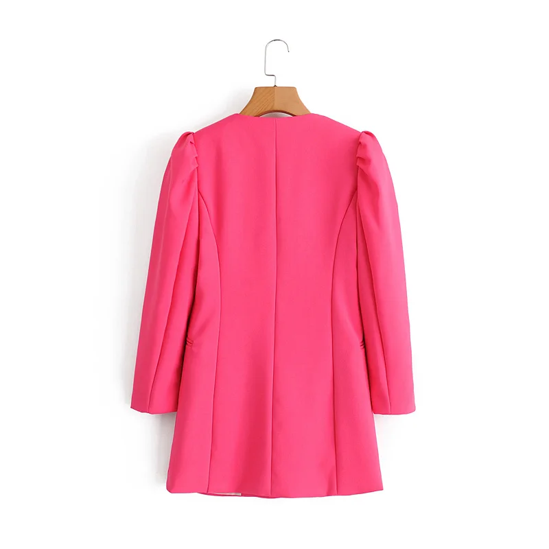 Women's suit jacket autumn new style fashion temperament rose red V-neck shrugged bubble sleeve mid-length suit jacket female