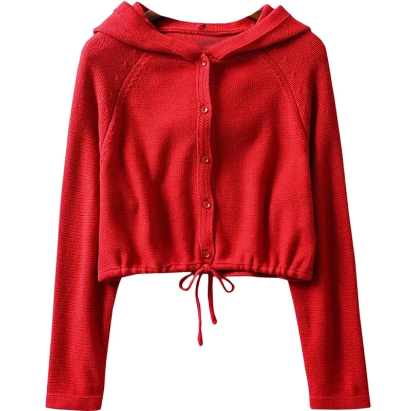 

Retro Solid Color Knitted Button Cardigan Women's Autumn New Hooded Casual Sweatshirt Knitwear Drawstring at Hem Cardigan
