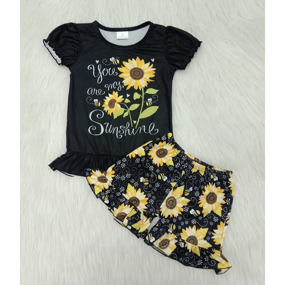 

RTS Girls sunflower outfits ruffle shorts dropshipping design hotsale black tee shirt baby kids boutique clothing clothes sets