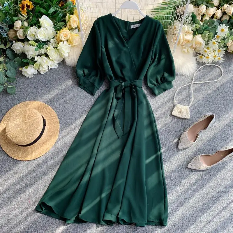 

2019 new fashion women's dresses French temperament V-neck tie with waist dress