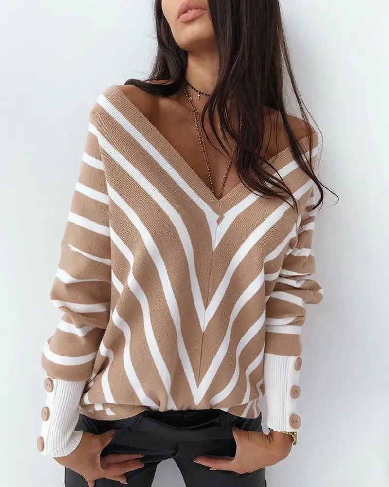 

V Neck Popper Cuff Striped Casual Sweater Women Loose Button Winter Knitted Sweater 2019 Warm Pullover Tops Femme