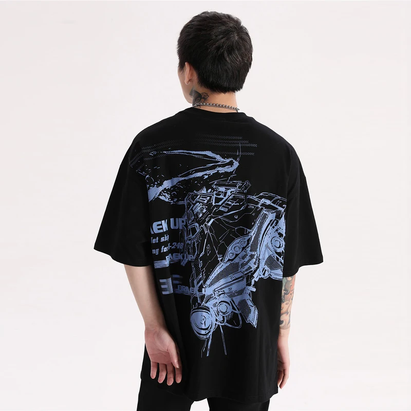 

ELKMU Hip Hop Spaceship Letter Printed Tshirt Spring Summer Short Sleeve Tees Tops Cotton Loose Streetwear Harajuku Tshirt HE709