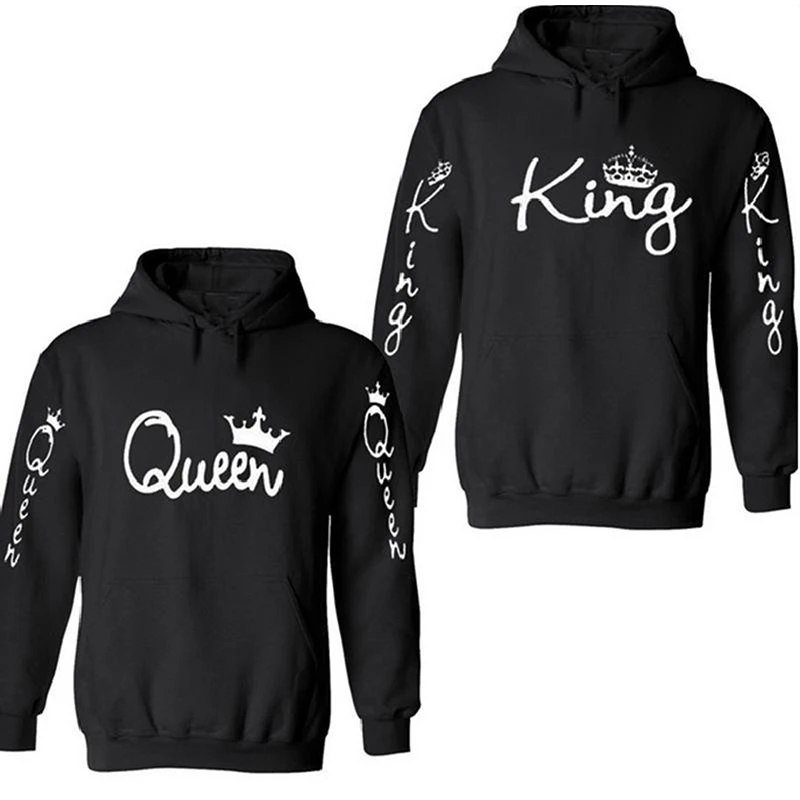 Новая мода пары хлопковые свитшоты Для женщин Для мужчин King queen повседневная с буквенным принтом с длинными рукавами, для влюбленных, спортивные толстовки с капюшоном