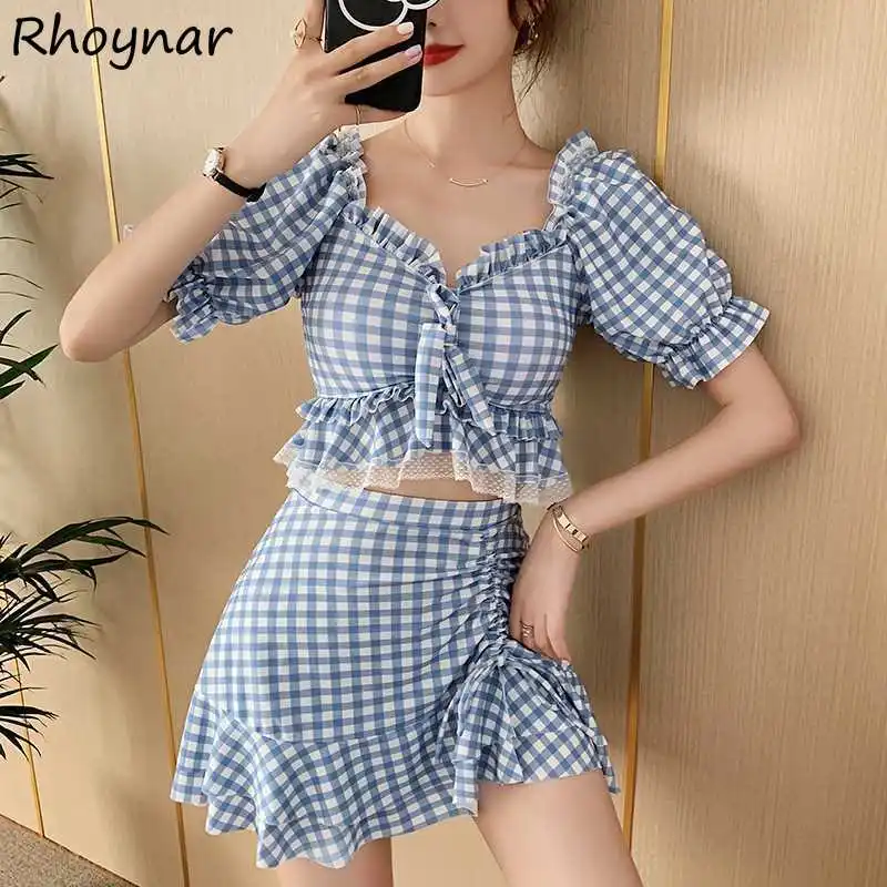 

Women Bikini Set Plaid Simple Fashion Casual Summer Students Beachwear Korean Version Sweet Safety Prevalent Feminine Swimsuits