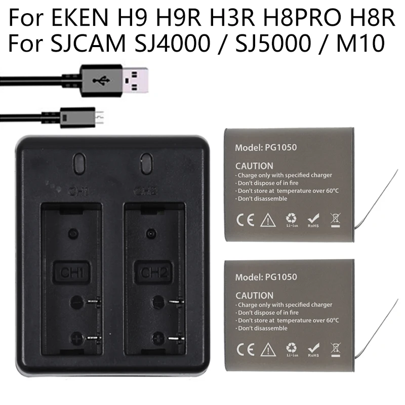 2 шт. X 1050 мАч PG1050 батарея для камеры + двойное зарядное устройство eken H9 H9R H3R H8R H8PRO H8