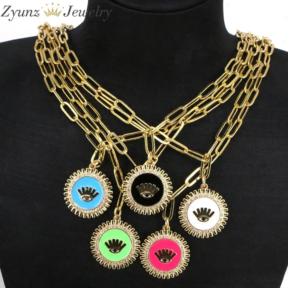 

5PCS, Colorful Simple Chain Choker Necklace For Women Turkish Eye Cubic Coin Enamel Pendant Necklace 2021 Fashion Jewelry
