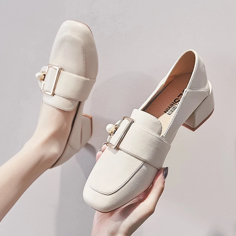 

Women Pumps Metal Buckle Female Loafers Fashion Pearl Ladies Casual Shoes Comfortable PU Slip-on Mid Heels Women Office Shoes