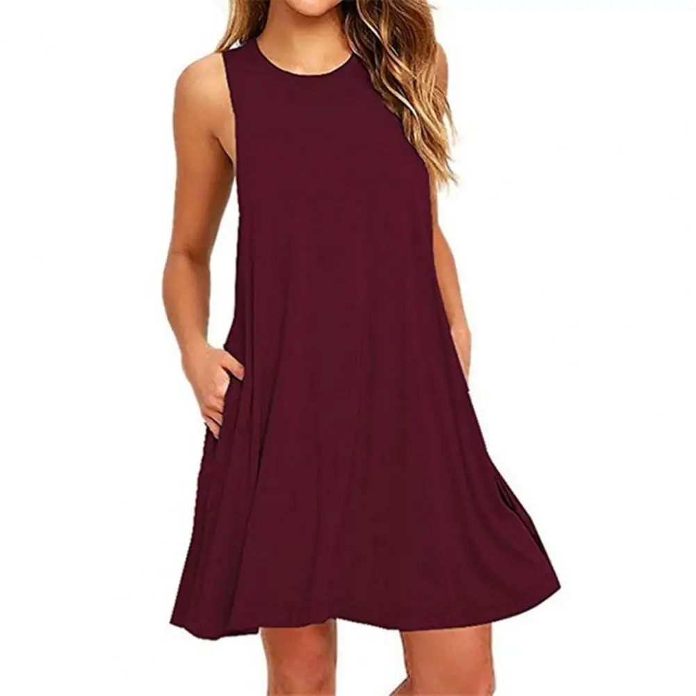 

Women Dress Pocket All-match Summer Sleeveless Casual Above-knee Dress Casual Loose Female Street Plus Size Dress Vestidos