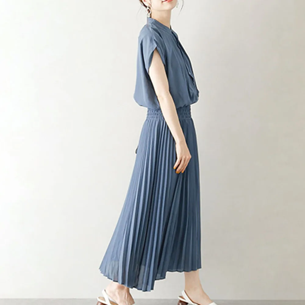 

Japanese Dress 2021 Summer New Temperament Solid Color Waist Short Sleeve Round Neck Pleated Skirt Long Skirt Female Slim