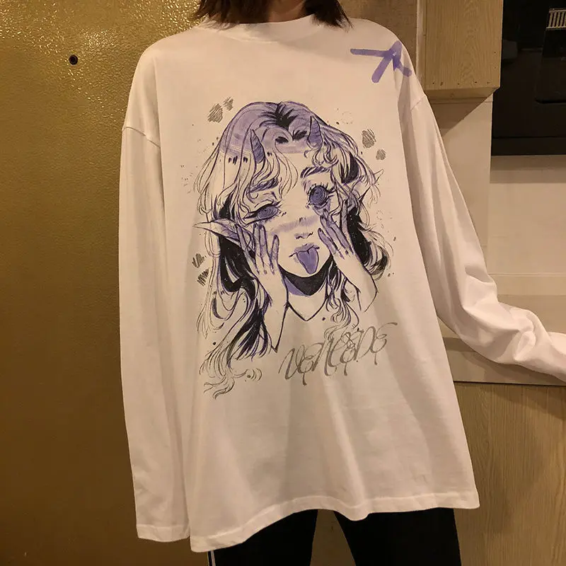 

Cotton Women Casual Tshirt White Cartoon Funny Girl Streetwear Female Tops Tee Long Sleeve Fashion T Shirt Hip Hop Clothes