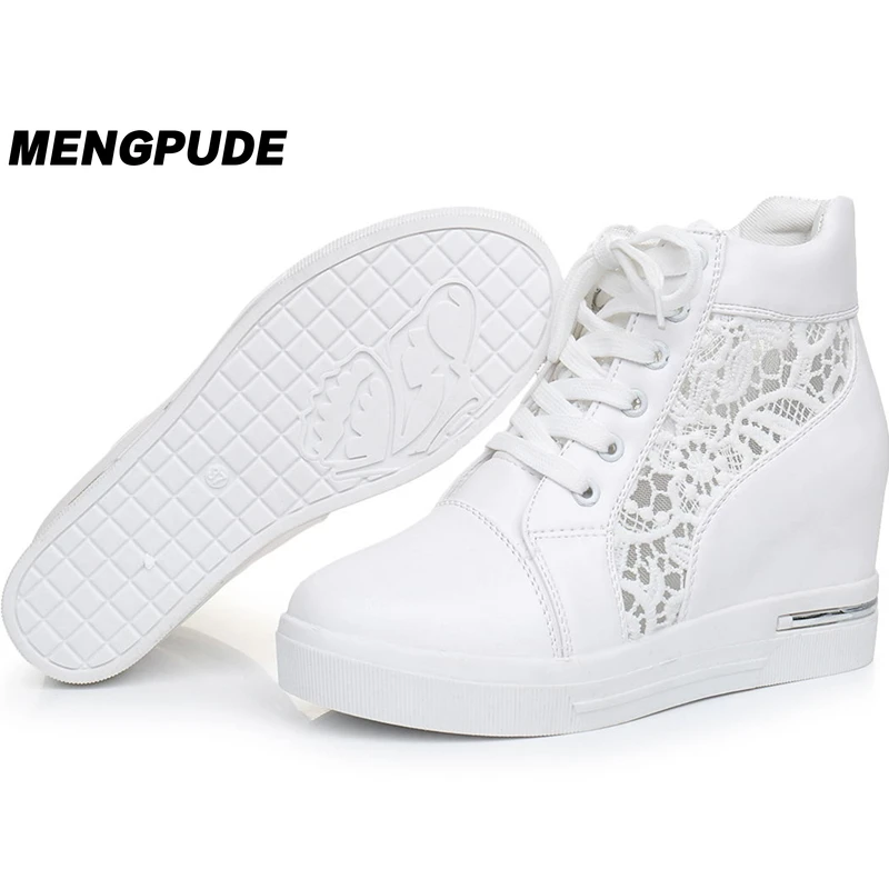 

Fashion Women Wedge Platform Rubber Brogue Leather Lace Up High Heel Shoes Pointed Toe Increasing Creepers White Silver Sneakers