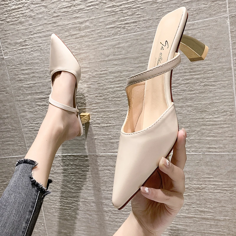 

Shoes Woman 2022 Slippers Heels Female Mule Cross-Tied Med Luxury Slides Square heel Cover Toe Pantofle High Mules Soft Designer