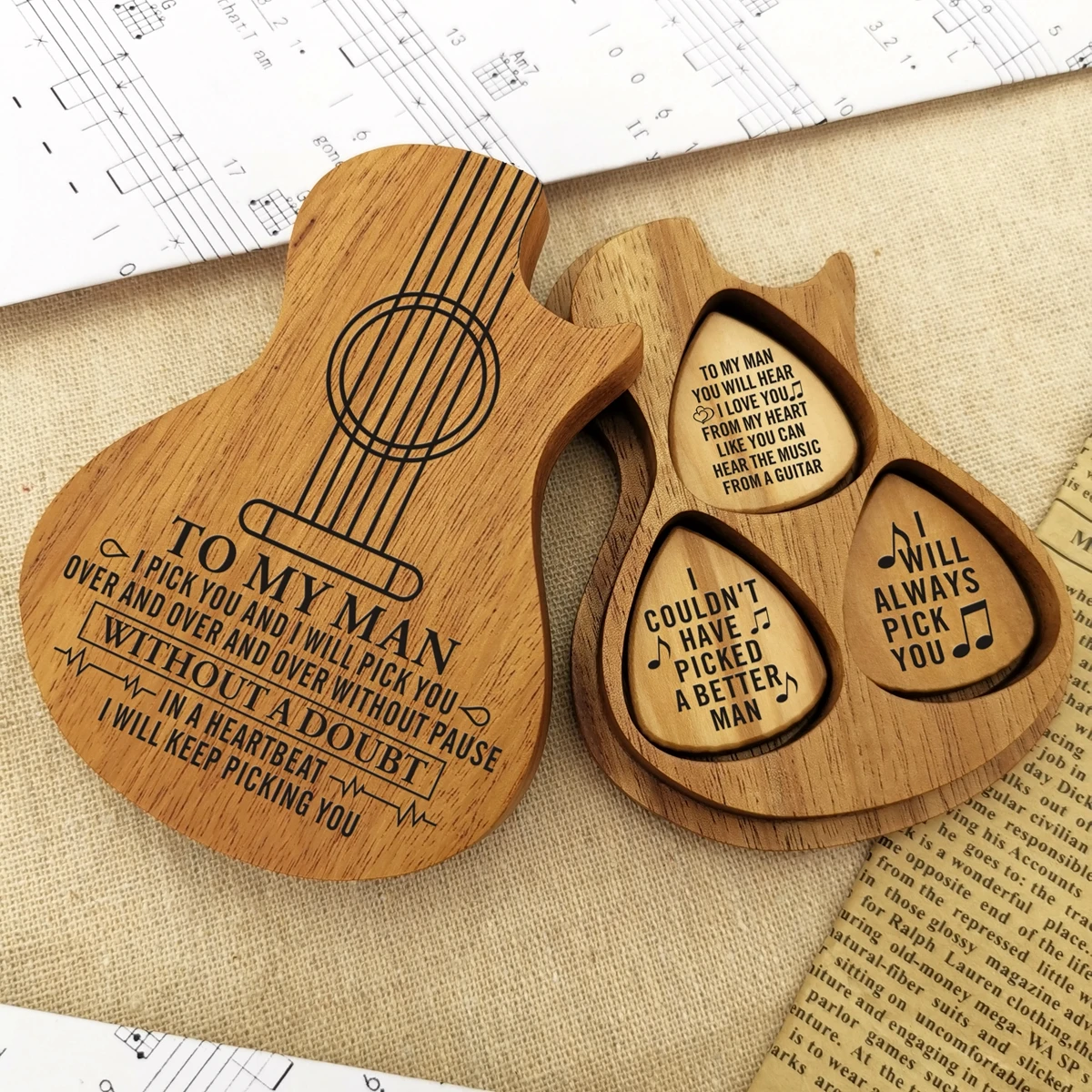 

To My Man Carving Wooden Pick Box Wooden Guitar Pick Box Contains Box Mediator For Guitar Accessories