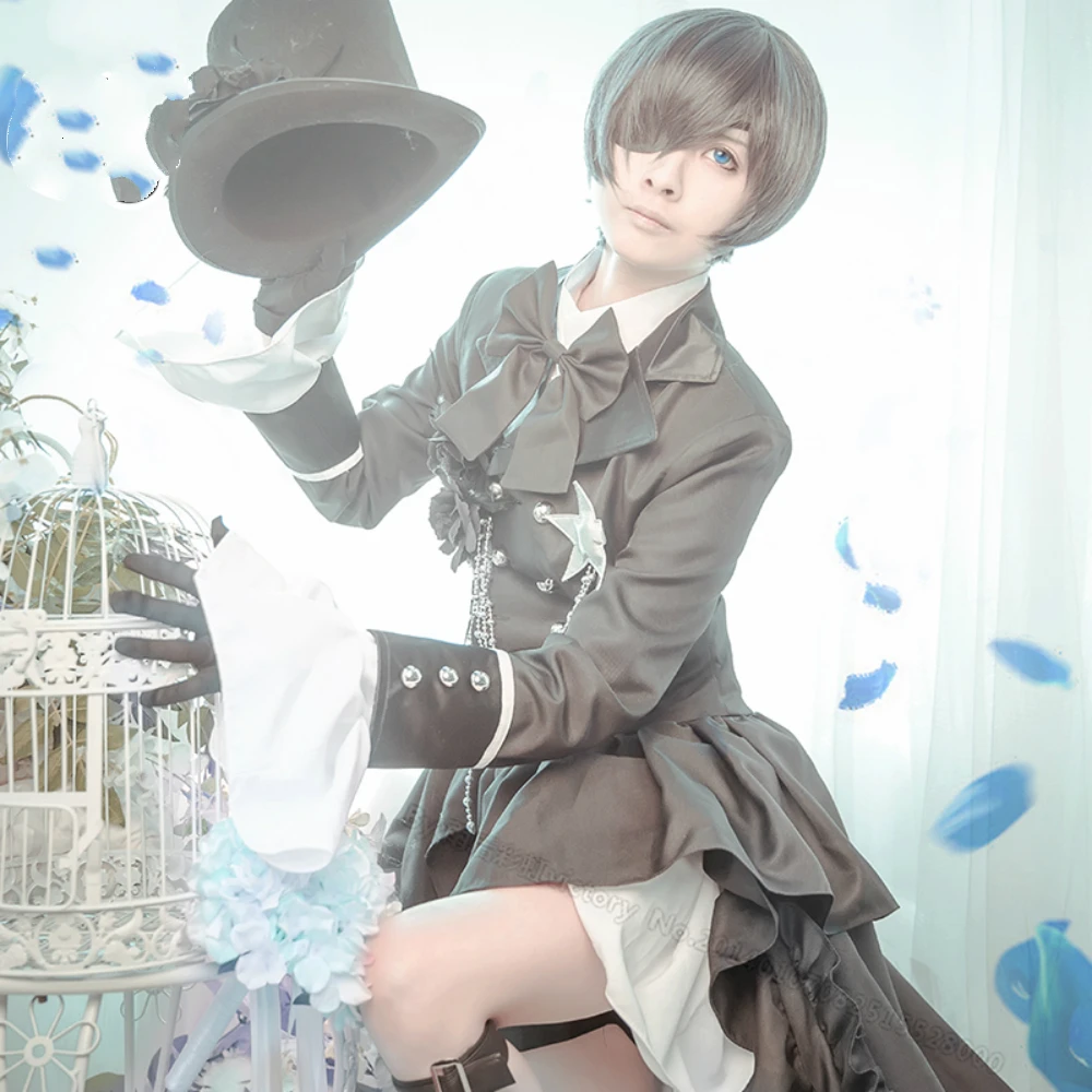 

Аниме Черный Дворецкий Косплей Костюм Полный комплект Сиэль фантомхайв Черный Косплей Костюм с шляпой бесплатное кольцо аксессуары