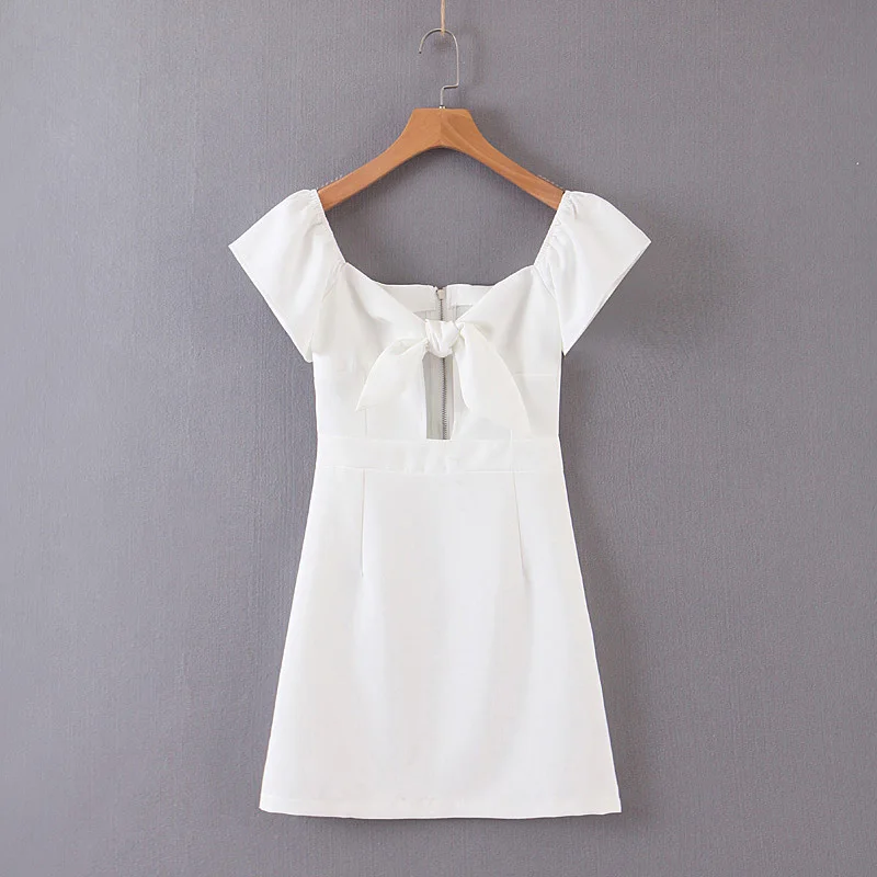 Для женщин элегантные однотонные мини платье v образный вырез с открытой спиной и