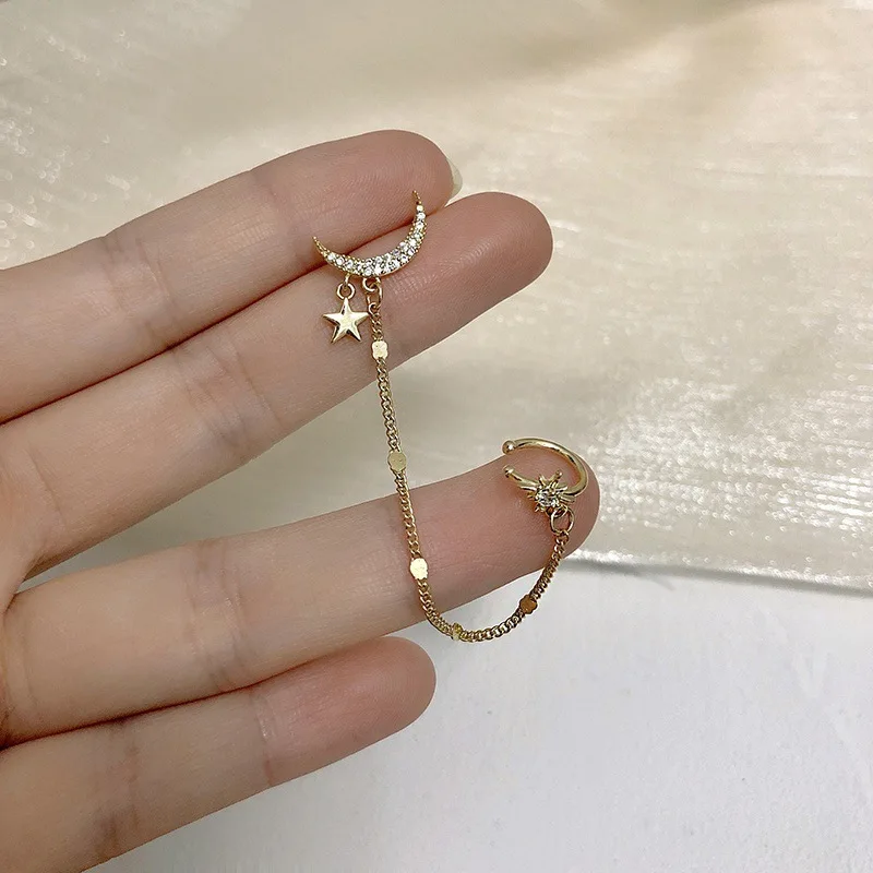 

Korean Fashion Earrings for Women Zircon Moon Star Clip on Earrings Women Gold Fake Chain Tassel Clip Earring Jewelry Wholesale