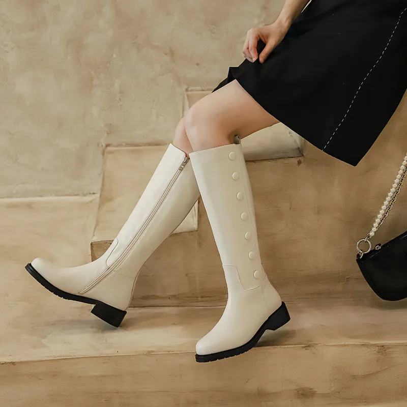 

MORAZORA 2020 Knee high boots med heels round toe solid color ladies shoes genuine leather fashion women boots black rice white