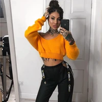 fall winter pullover sweaters long sleeve solid sexy club crop tops europe america fashion slash neck knitted sweaters female