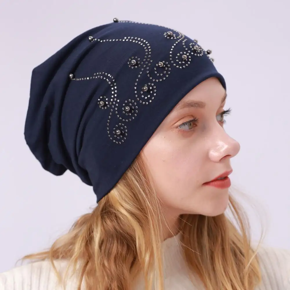 Эластичная мягкая хлопковая шапка тюрбан украшенная бусинами женские шапочки и