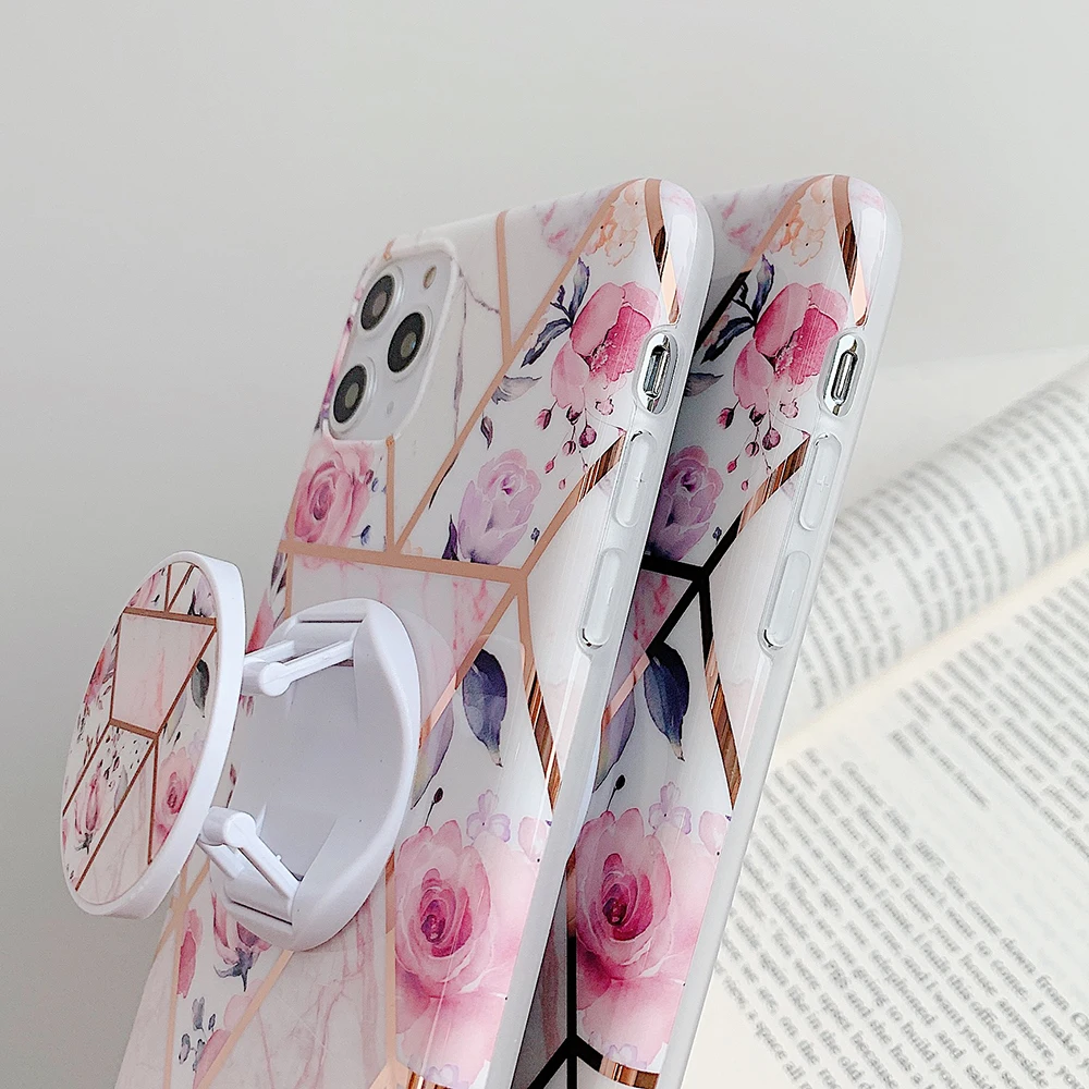 Позолоченный геометрический розовый цветочный чехол для телефона с держателем