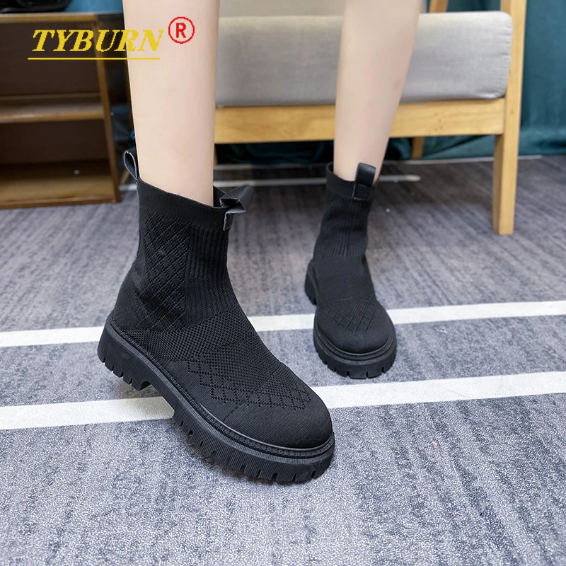 

Ladies Thick-soled Socks Boots Autumn and Winter 2021 New Fashion Round Toe Knit Sexy Square Heel Women Slip-on Casual Shoes