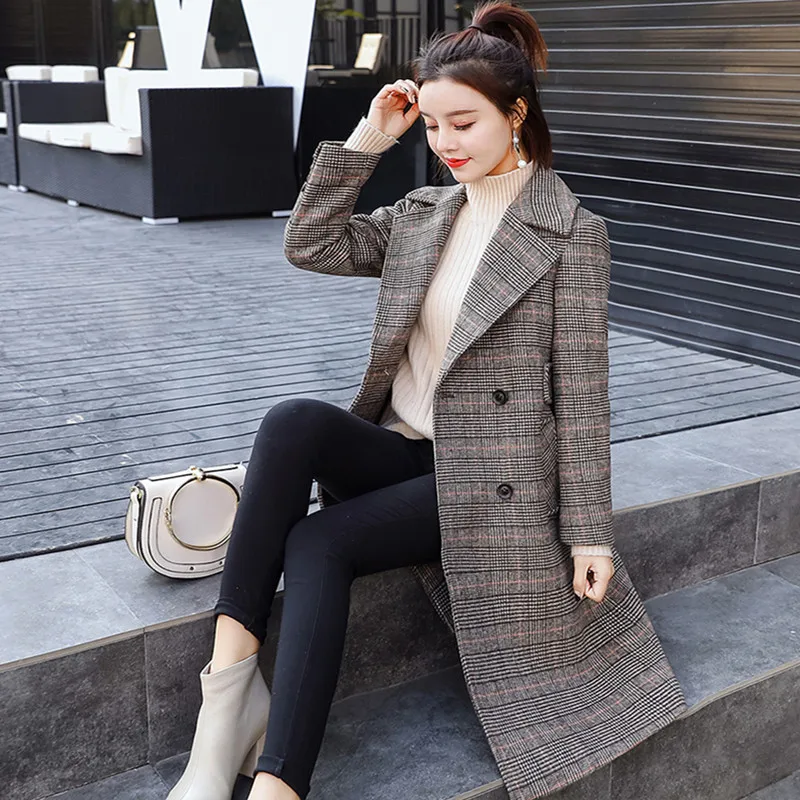 2019 весна осень Женское шерстяное клетчатое Пальто Новое Модное Длинное