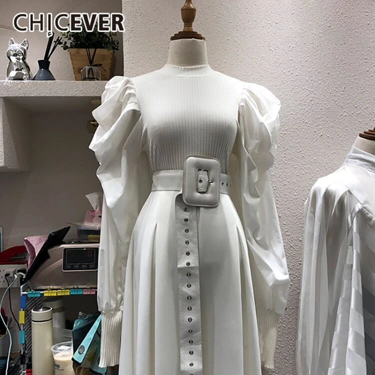 CHICEVER Лоскутные вязаные женские свитера с круглым вырезом и пышными рукавами